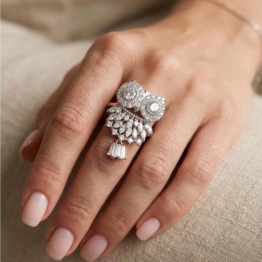 Owl Ring Adjustable Ring Platinum Plated CZ Stone Luxury Jewelry